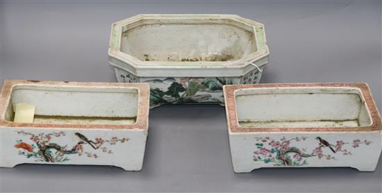 A pair of Chinese famille rose narcissus pots, Tongzhi mark and period and a Chinese enamelled porcelain jardiniere longest 26cm